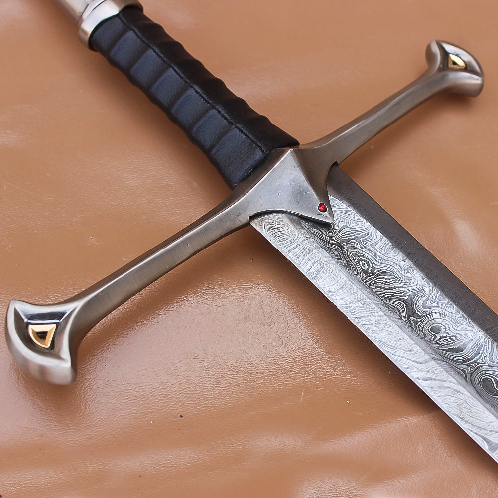 40" Damascus Steel Anduril Sword of Narsil The King Aragorn Sword Medieval Movie Sword With Leather Sheath - propswords