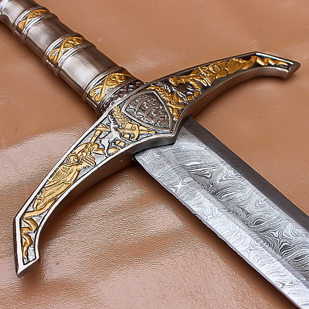40" Hand Forged Damascus Steel Rat-Tail Locksley Sword With Leather Sheath - propswords