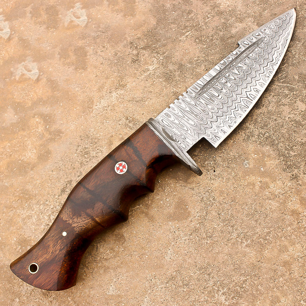 10" Damascus Steel Rat-Tail Survival Tactical Bobcat Bowie Knife With Leather Sheath-Rose Wood Handle - propswords