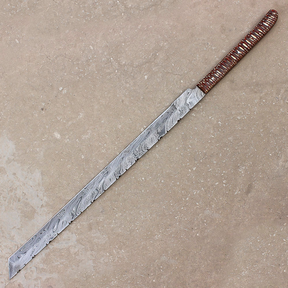 28" Hand Forged Damascus Steel Full Tang Machete Knife Outdoor Hunting Knife With Leather Sheath - propswords