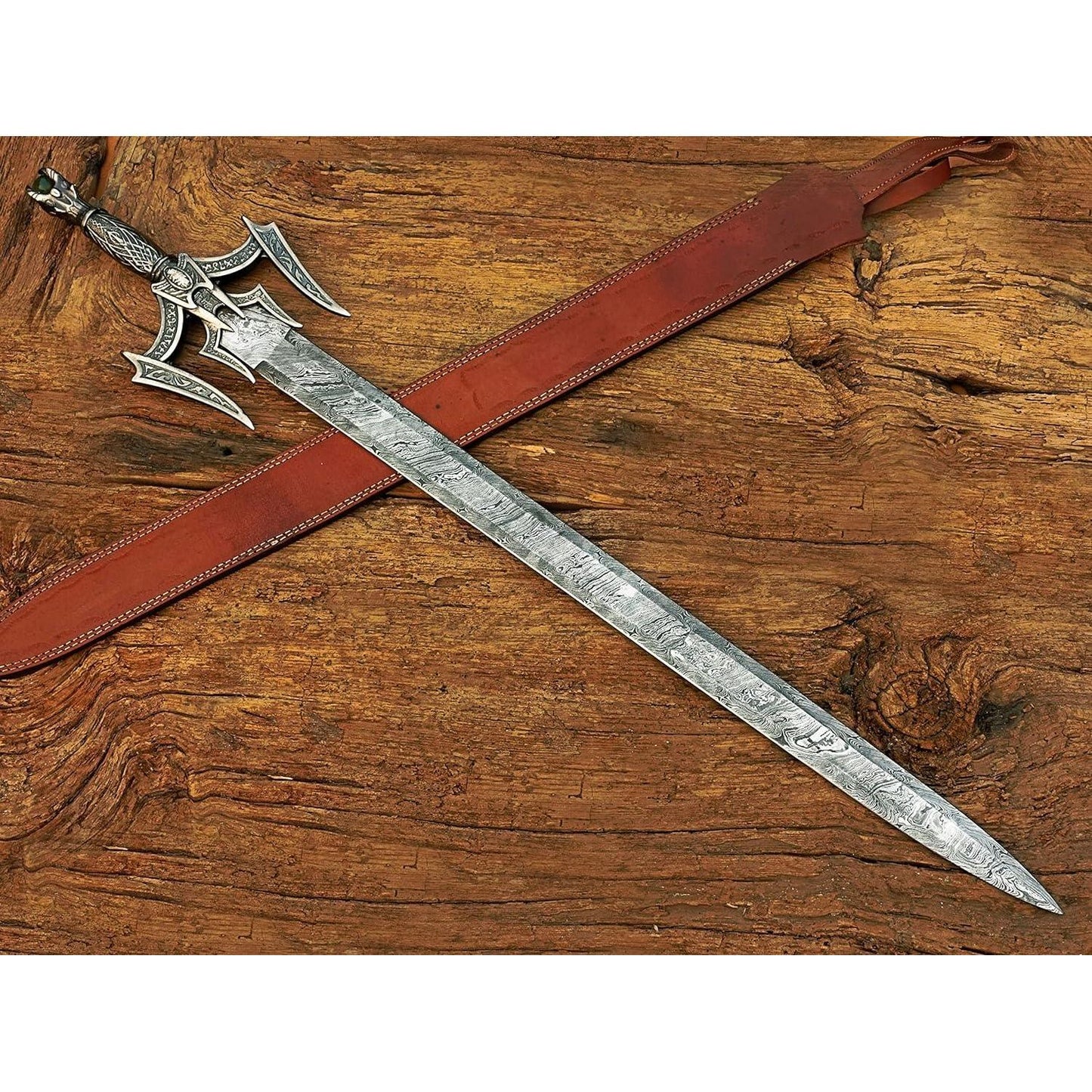 Damascus Steel Medieval Barbarian Sword, Hand Forged Damascus Steel Double Edge Blade with Leather Sheath - propswords