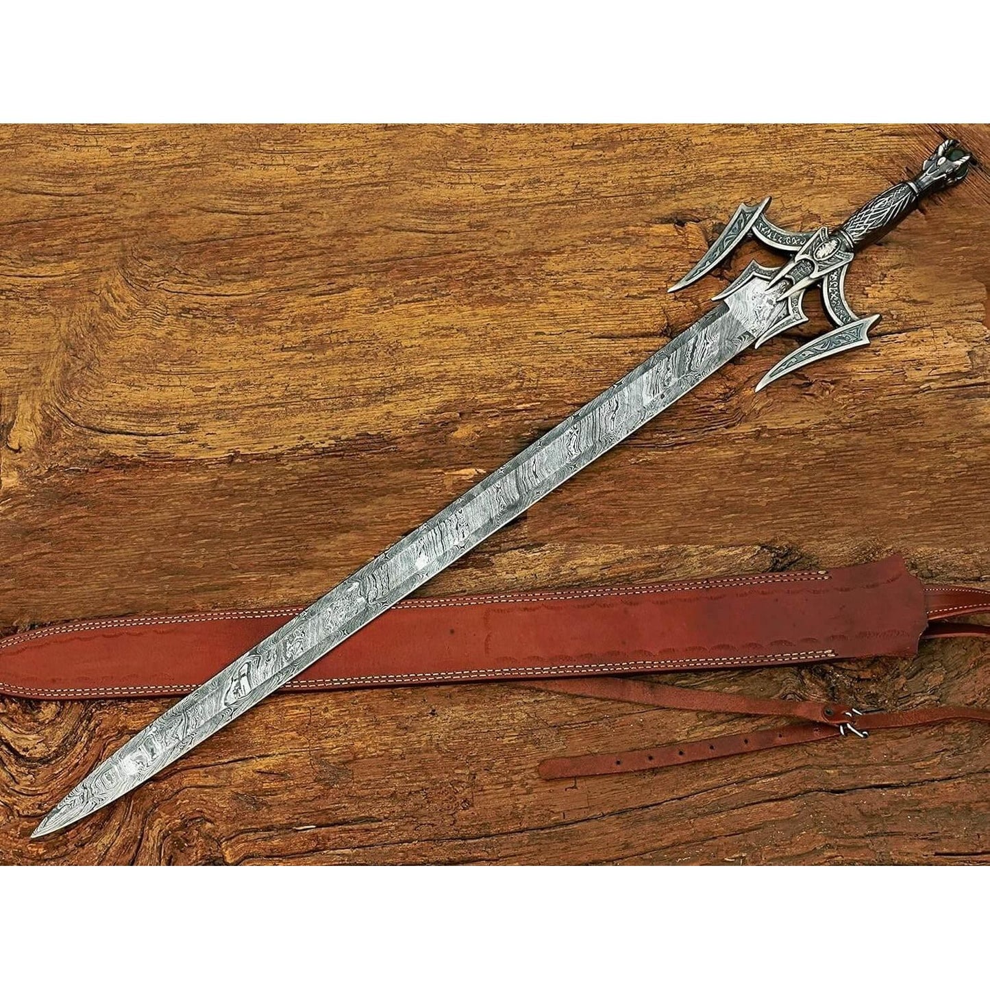 Damascus Steel Medieval Barbarian Sword, Hand Forged Damascus Steel Double Edge Blade with Leather Sheath - propswords