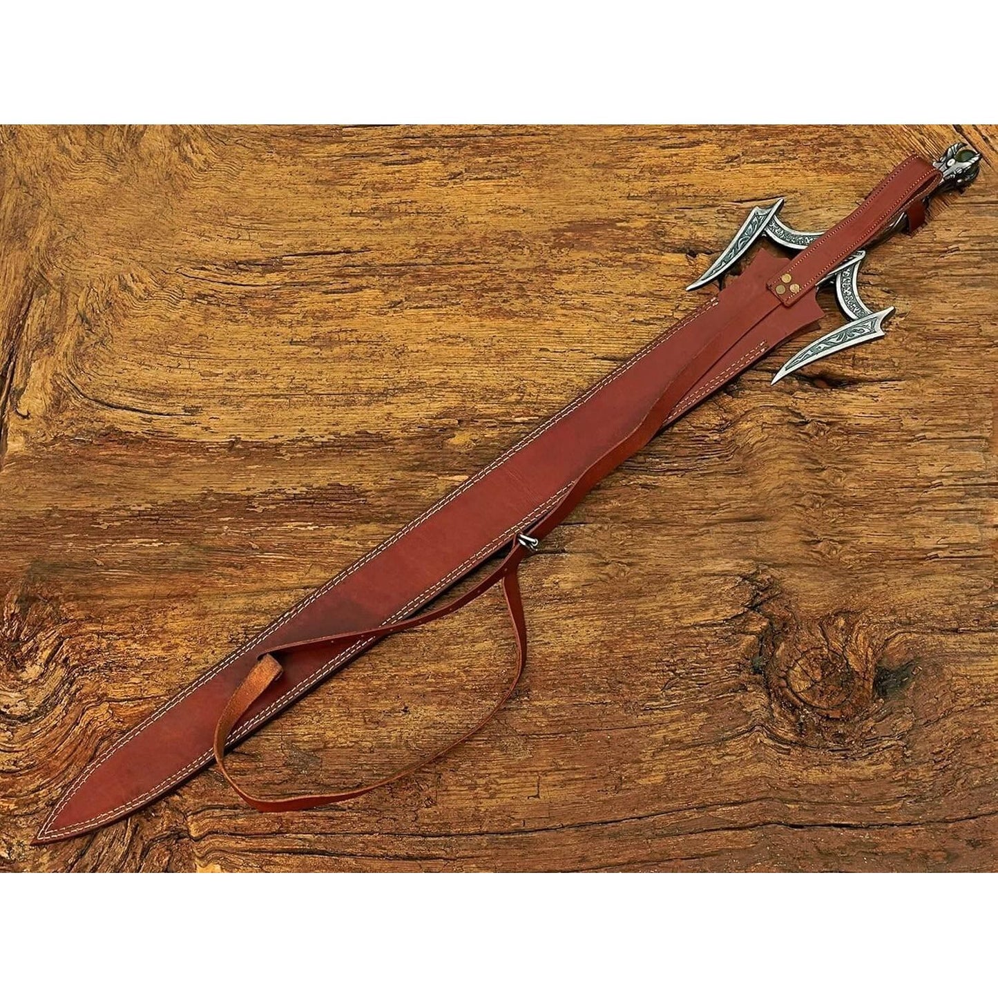 Damascus Steel Medieval Barbarian Sword, Hand Forged Damascus Steel Double Edge Blade with Leather Sheath - propswords