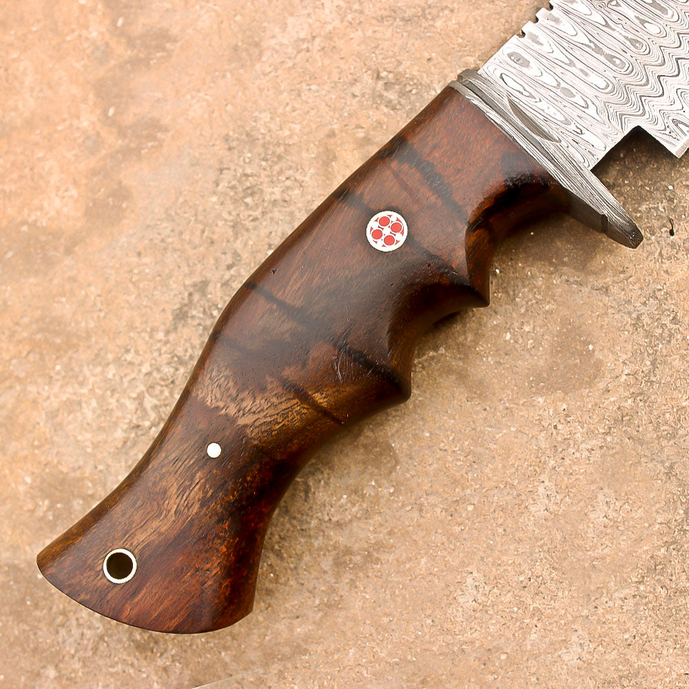 10" Damascus Steel Rat-Tail Survival Tactical Bobcat Bowie Knife With Leather Sheath-Rose Wood Handle - propswords