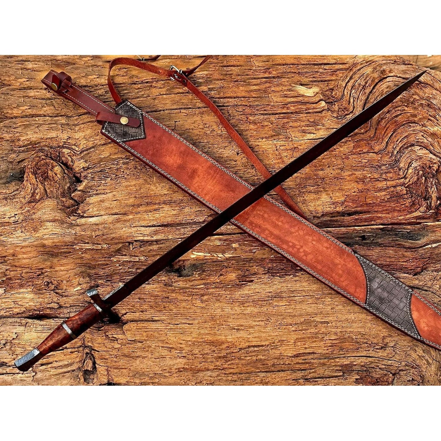 Handmade Viking Sword, Damascus Steel Medieval Sword with Leather Sheath,29" Inches Double Edge Blade - propswords