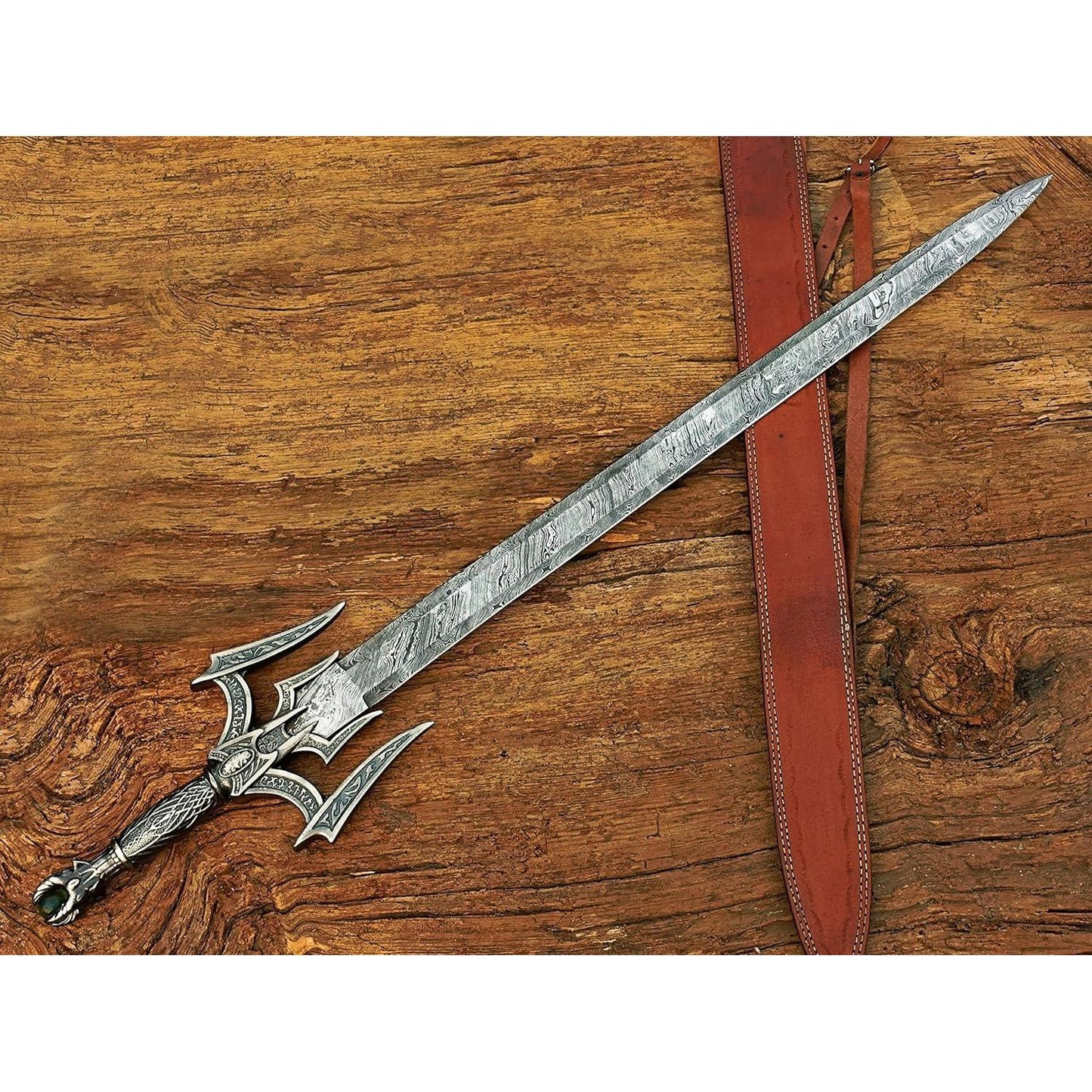Damascus Steel Medieval Barbarian Sword, Hand Forged Damascus Steel Double Edge Blade with Leather Sheath - propswords