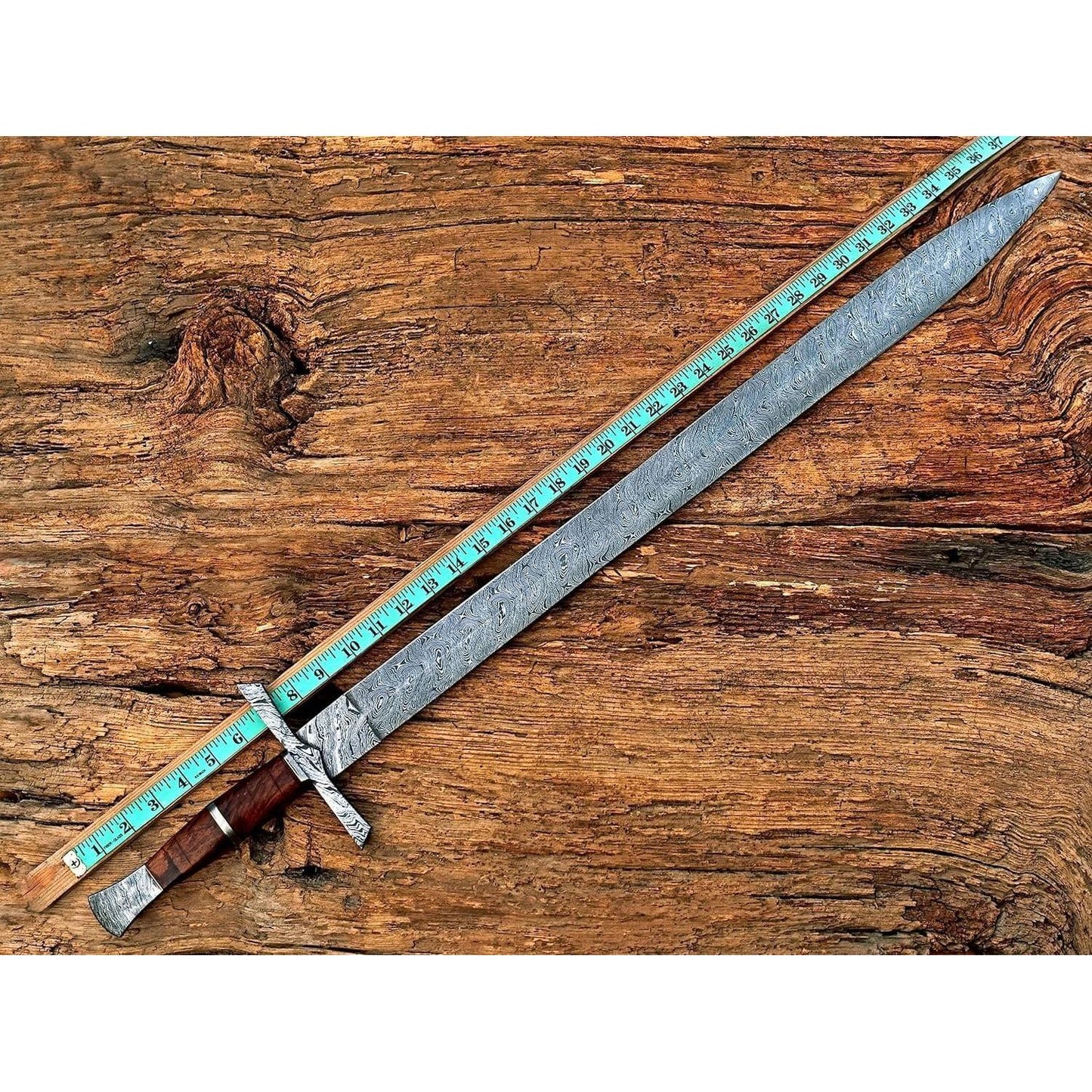 Handmade Viking Sword, Damascus Steel Medieval Sword with Leather Sheath,29" Inches Double Edge Blade - propswords