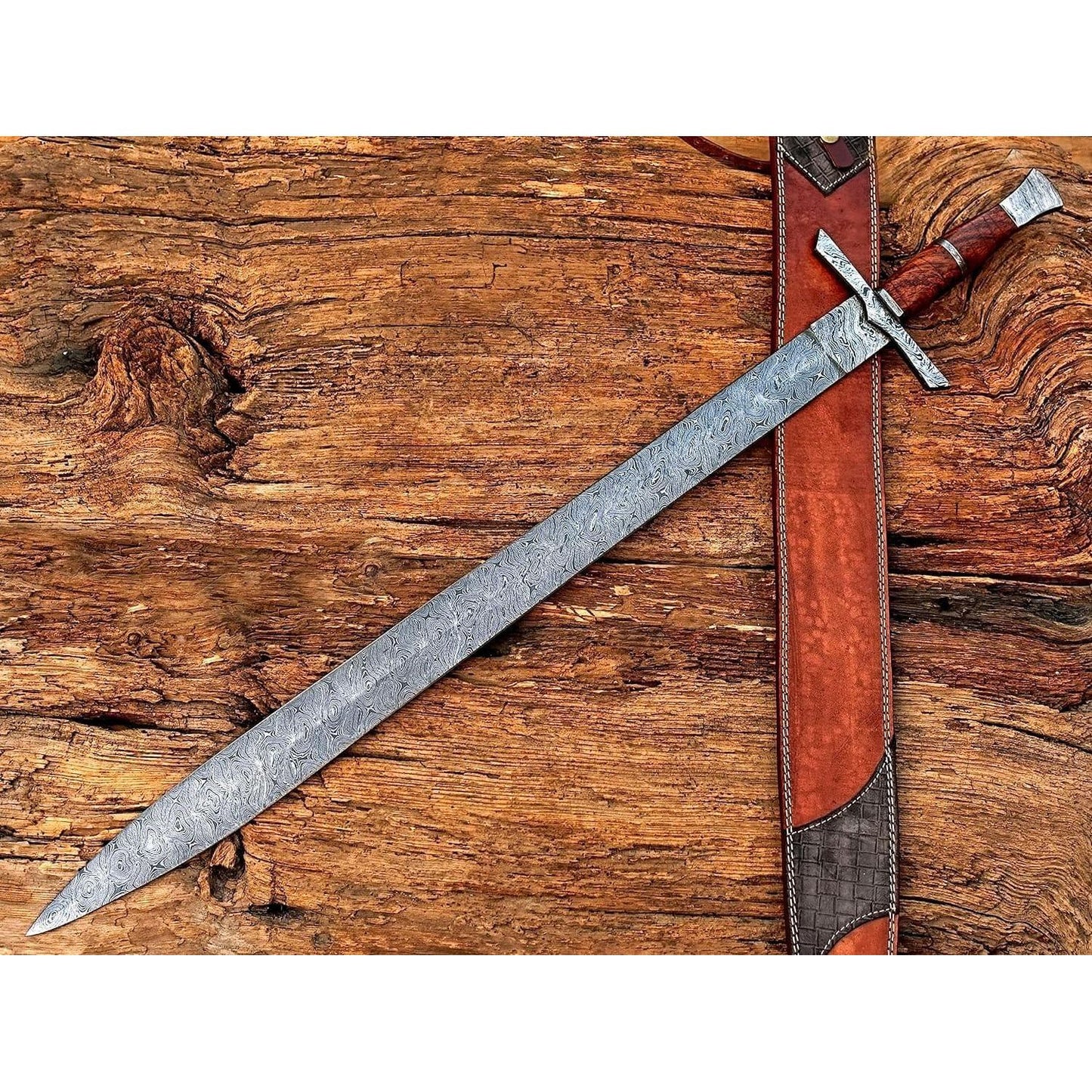Handmade Viking Sword, Damascus Steel Medieval Sword with Leather Sheath,29" Inches Double Edge Blade - propswords