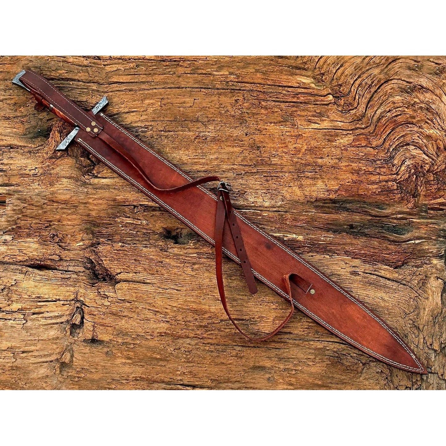 Handmade Viking Sword, Damascus Steel Medieval Sword with Leather Sheath,29" Inches Double Edge Blade - propswords