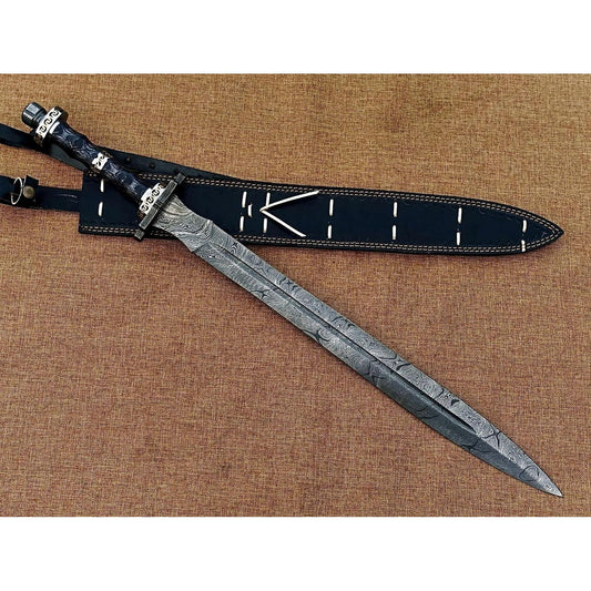 Hand Forged Damascus Steel Viking Sword, Handmade Medieval Sword with Leather Sheath - propswords