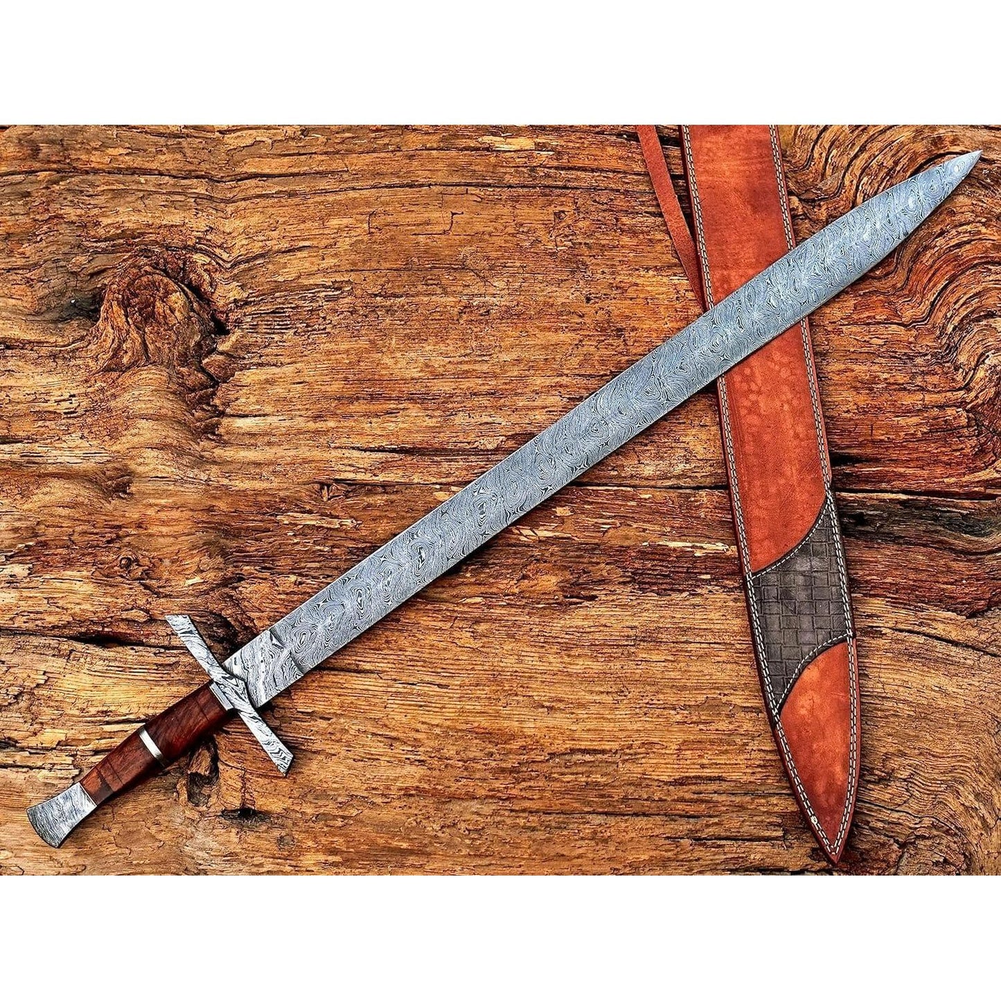 Handmade Viking Sword, Damascus Steel Medieval Sword with Leather Sheath,29" Inches Double Edge Blade - propswords