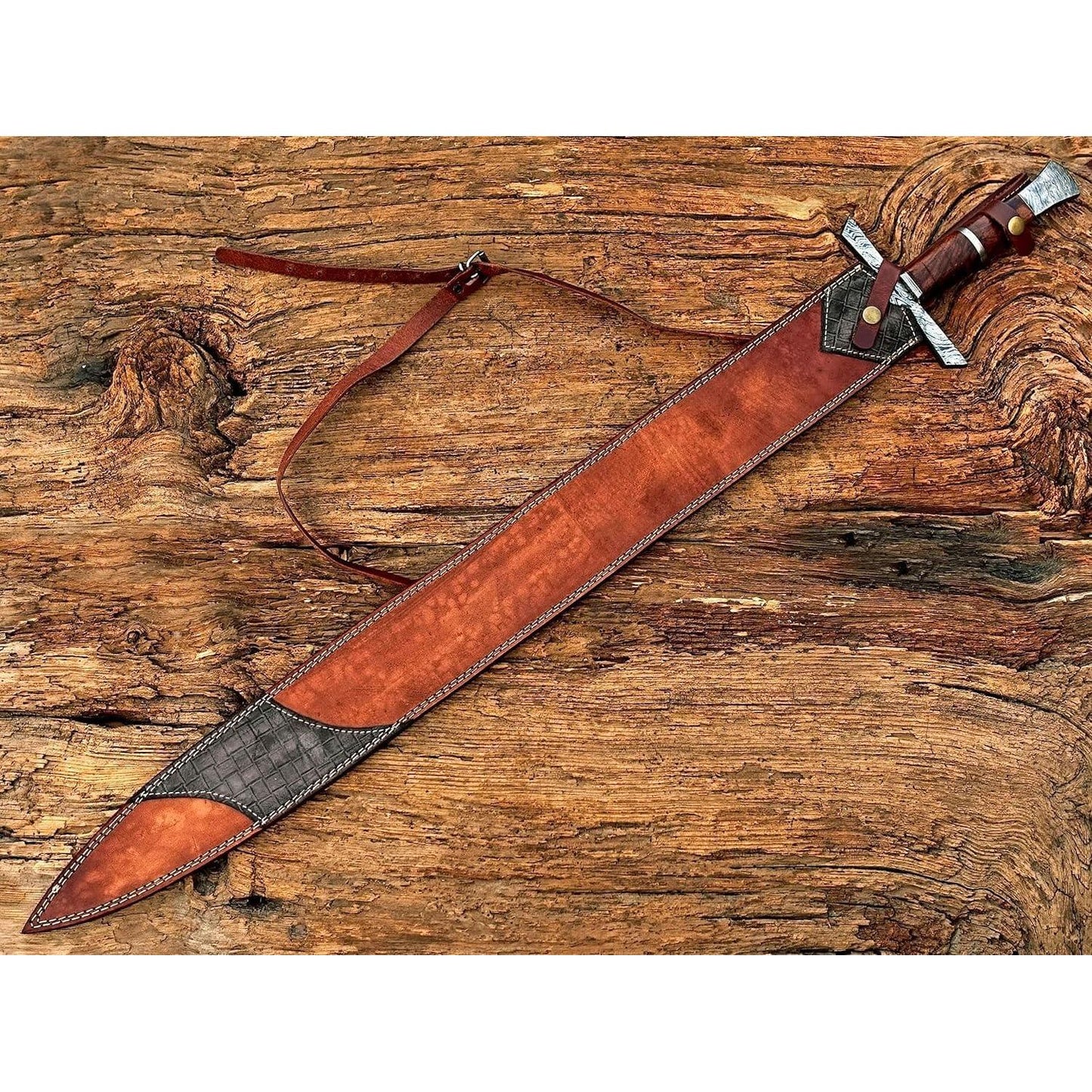 Handmade Viking Sword, Damascus Steel Medieval Sword with Leather Sheath,29" Inches Double Edge Blade - propswords
