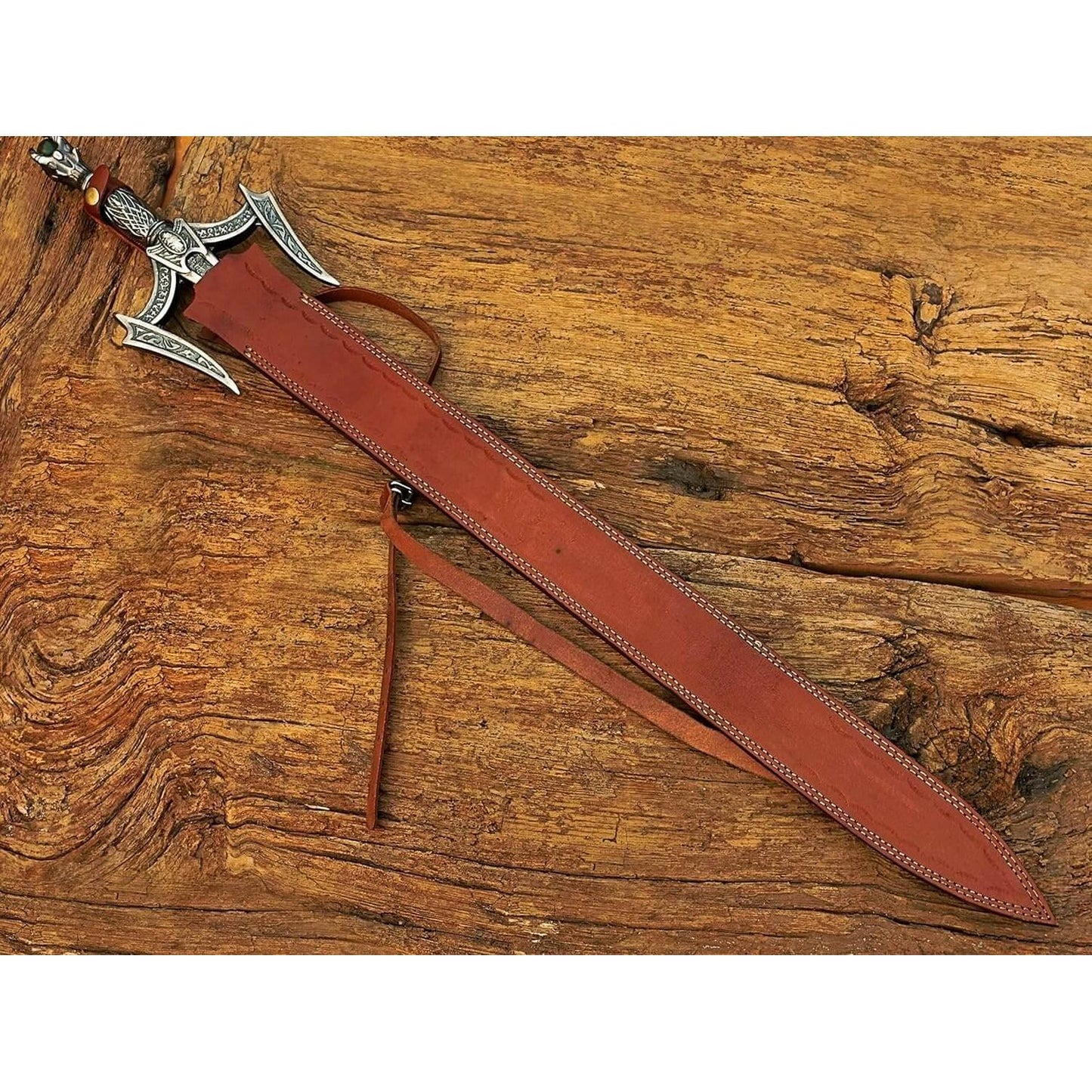 Damascus Steel Medieval Barbarian Sword, Hand Forged Damascus Steel Double Edge Blade with Leather Sheath - propswords
