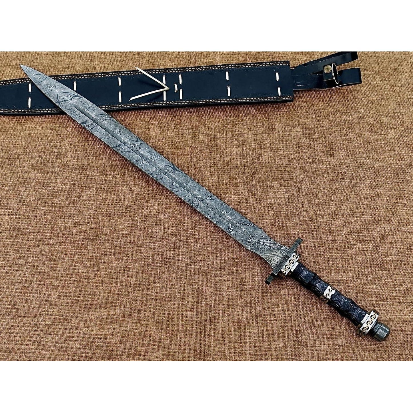 Hand Forged Damascus Steel Viking Sword, Handmade Medieval Sword with Leather Sheath - propswords