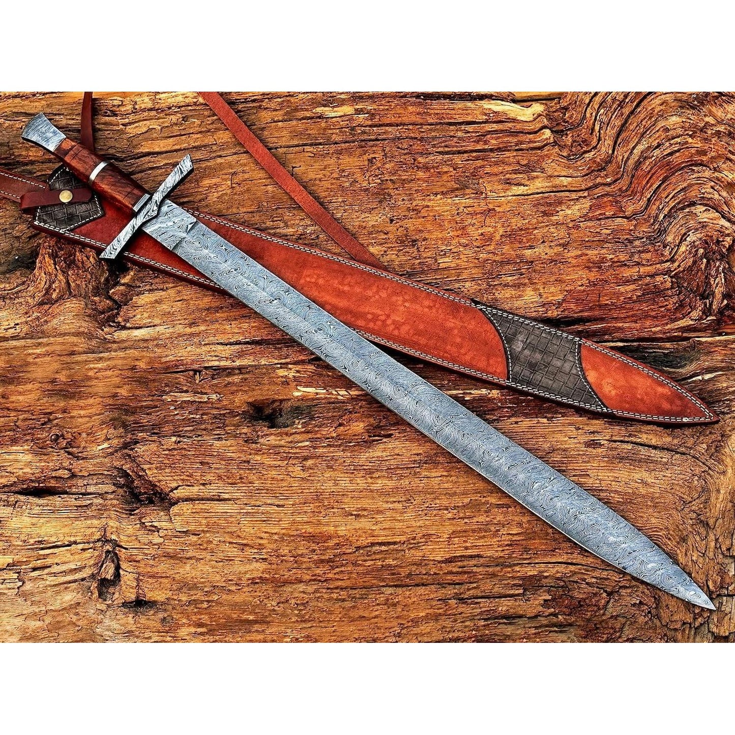 Handmade Viking Sword, Damascus Steel Medieval Sword with Leather Sheath,29" Inches Double Edge Blade - propswords