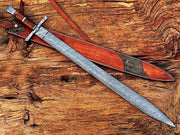 Handmade Viking Sword, Damascus Steel Medieval Sword with Leather Sheath,29" Inches Double Edge Blade