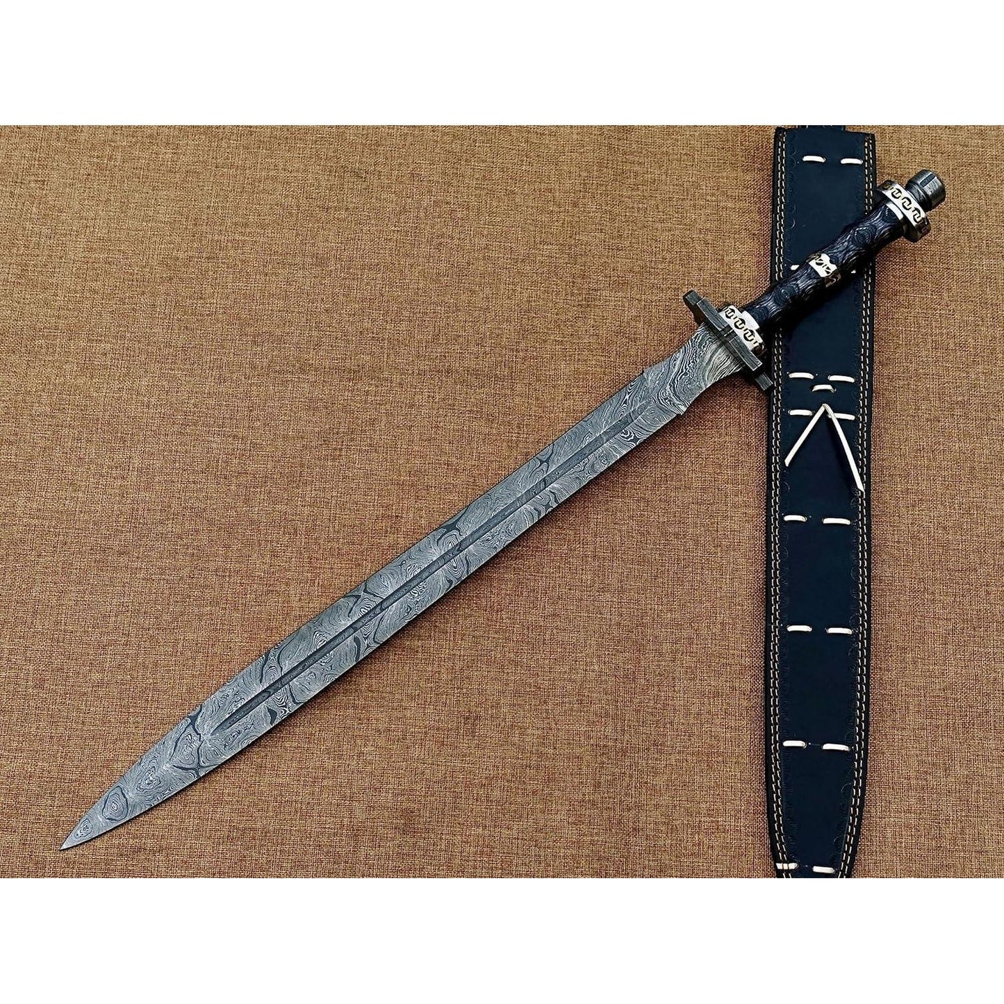 Hand Forged Damascus Steel Viking Sword, Handmade Medieval Sword with Leather Sheath - propswords