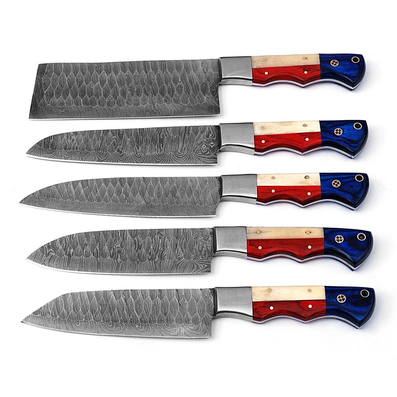 Professional Forged Damascus Chef Knife Set of 5 | Scalloped Blades Custom Made Cooking Kitchen Prep - propswords