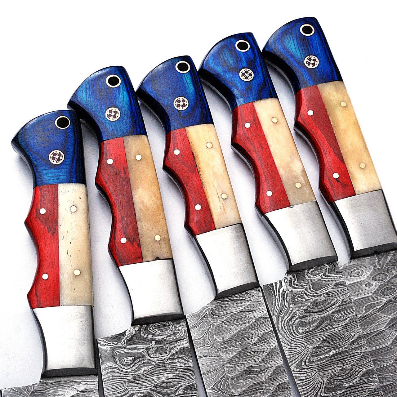 Professional Forged Damascus Chef Knife Set of 5 | Scalloped Blades Custom Made Cooking Kitchen Prep - propswords