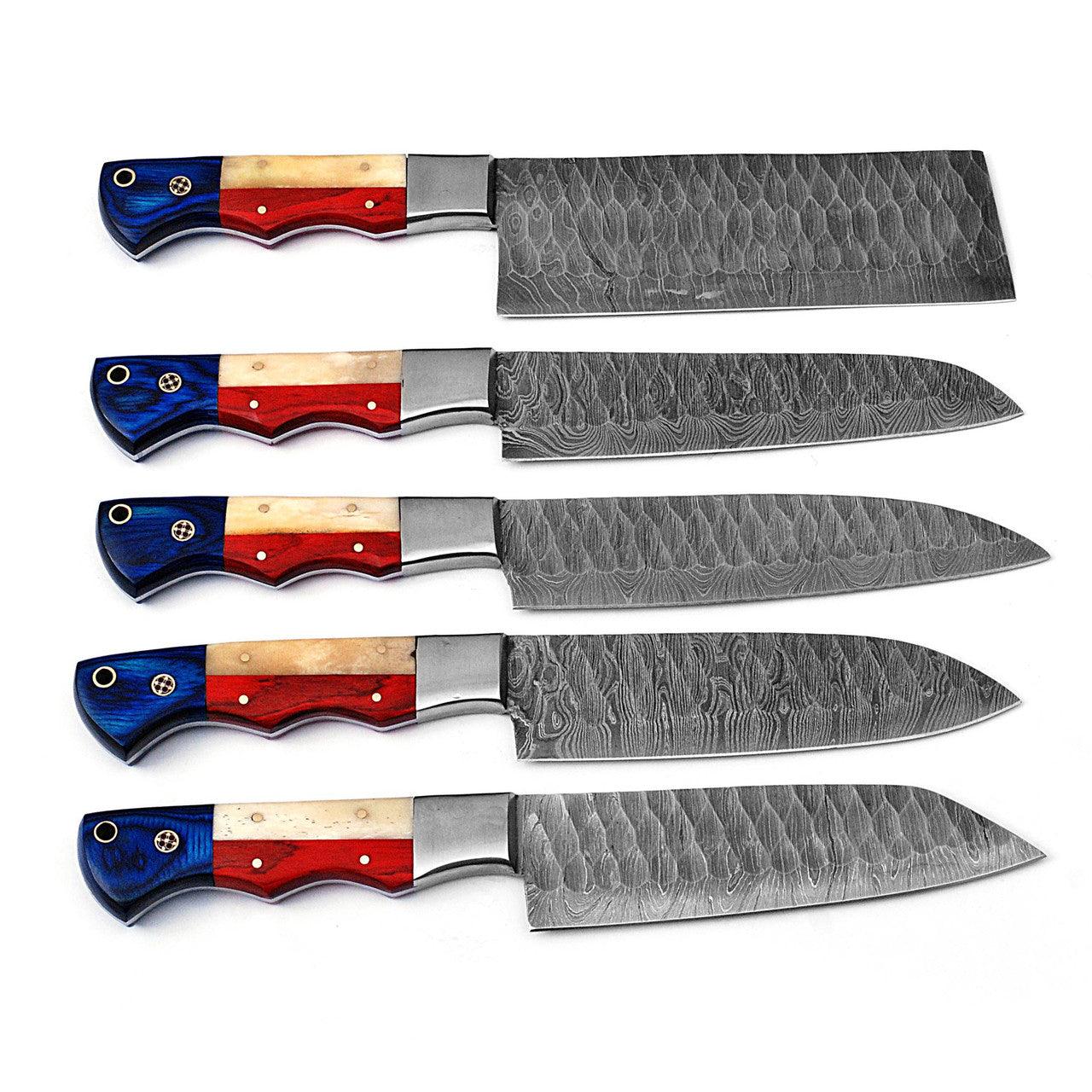 Professional Forged Damascus Chef Knife Set of 5 | Scalloped Blades Custom Made Cooking Kitchen Prep - propswords