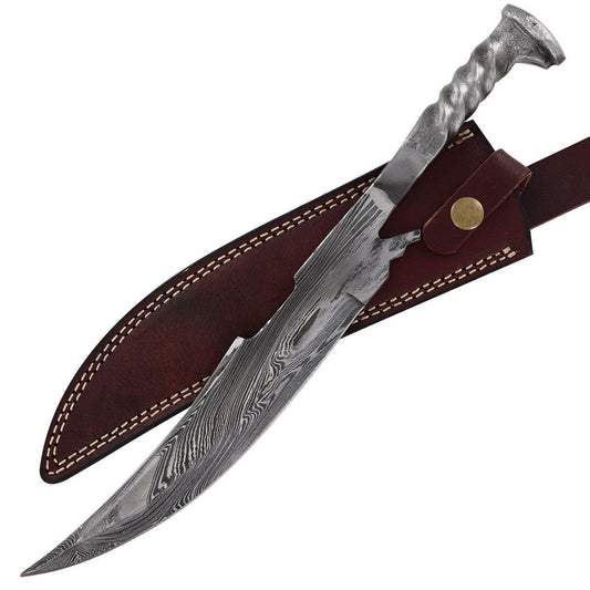 Damascus Steel Collectable Railroad Spike Knife | Locomotive Spike Knife with Leather Sheath - propswords