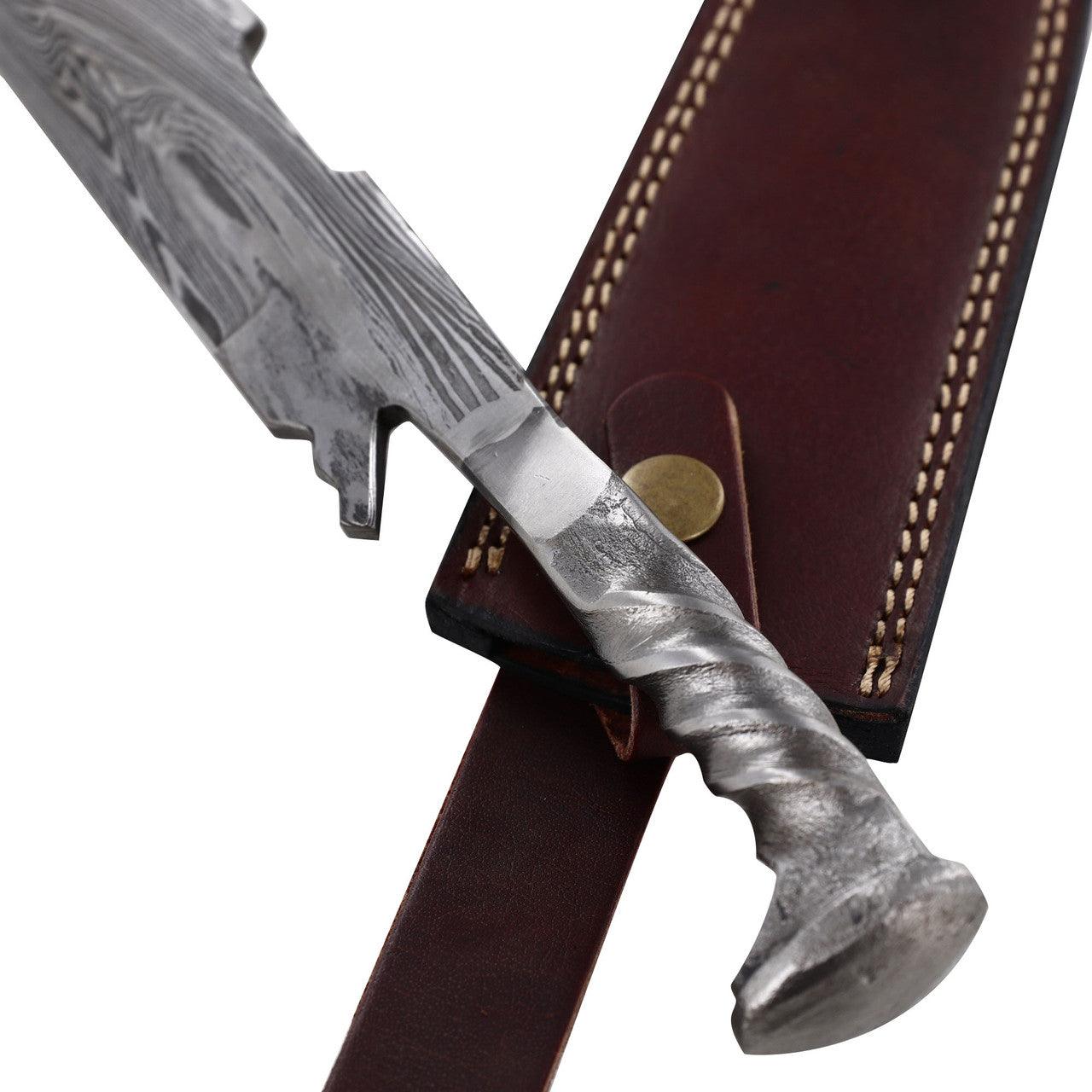 Damascus Steel Collectable Railroad Spike Knife | Locomotive Spike Knife with Leather Sheath - propswords