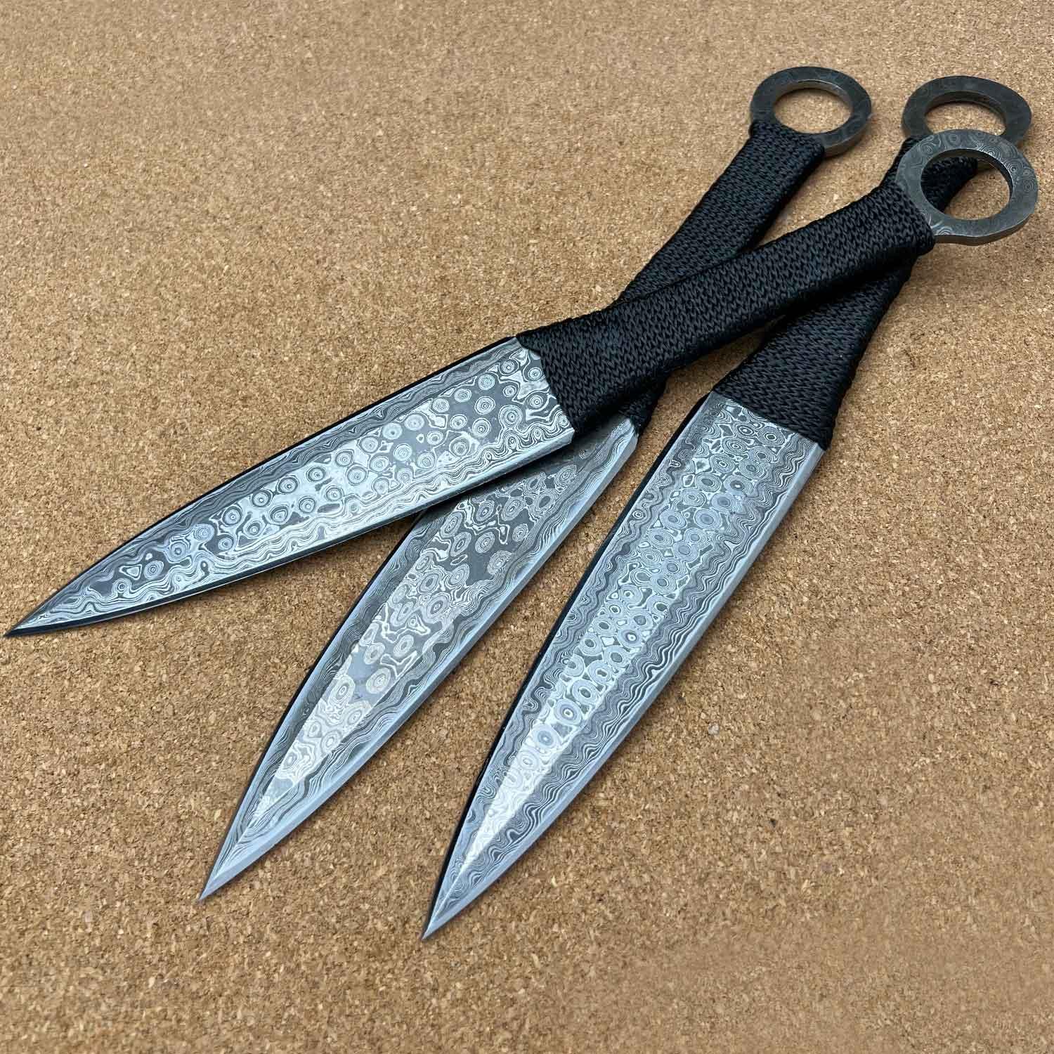 Pack of 3 Damascus Throwing Kunai Knife, Sharp Throwers - 12 Inches - propswords