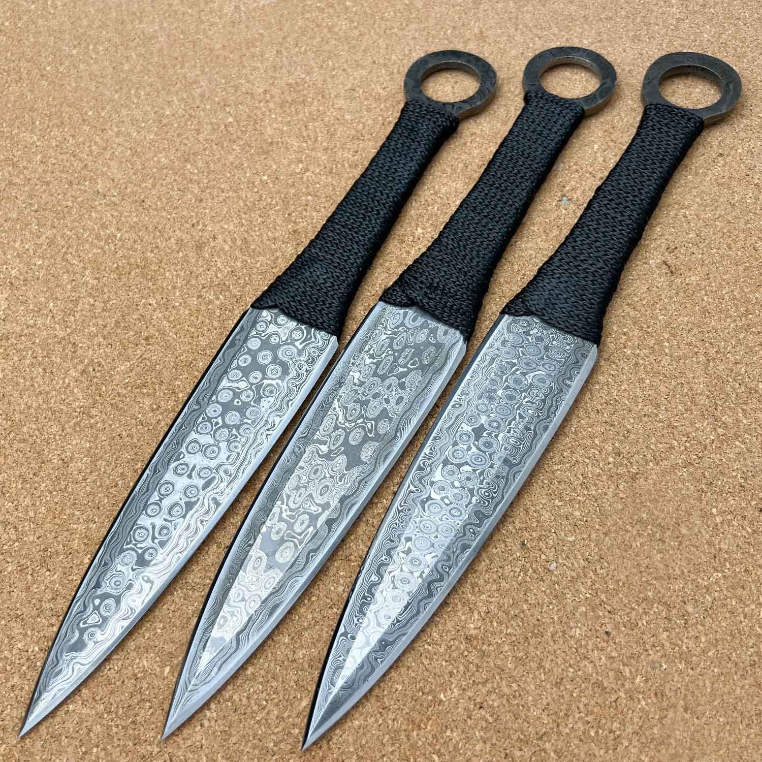 Pack of 3 Damascus Throwing Kunai Knife, Sharp Throwers - 12 Inches - propswords