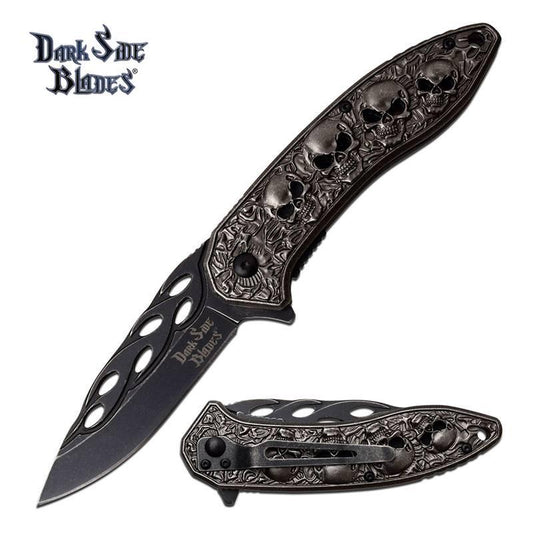 Gray Skull Stonewash Blade Tactical EDC Spring Assisted Pocket Knife - propswords