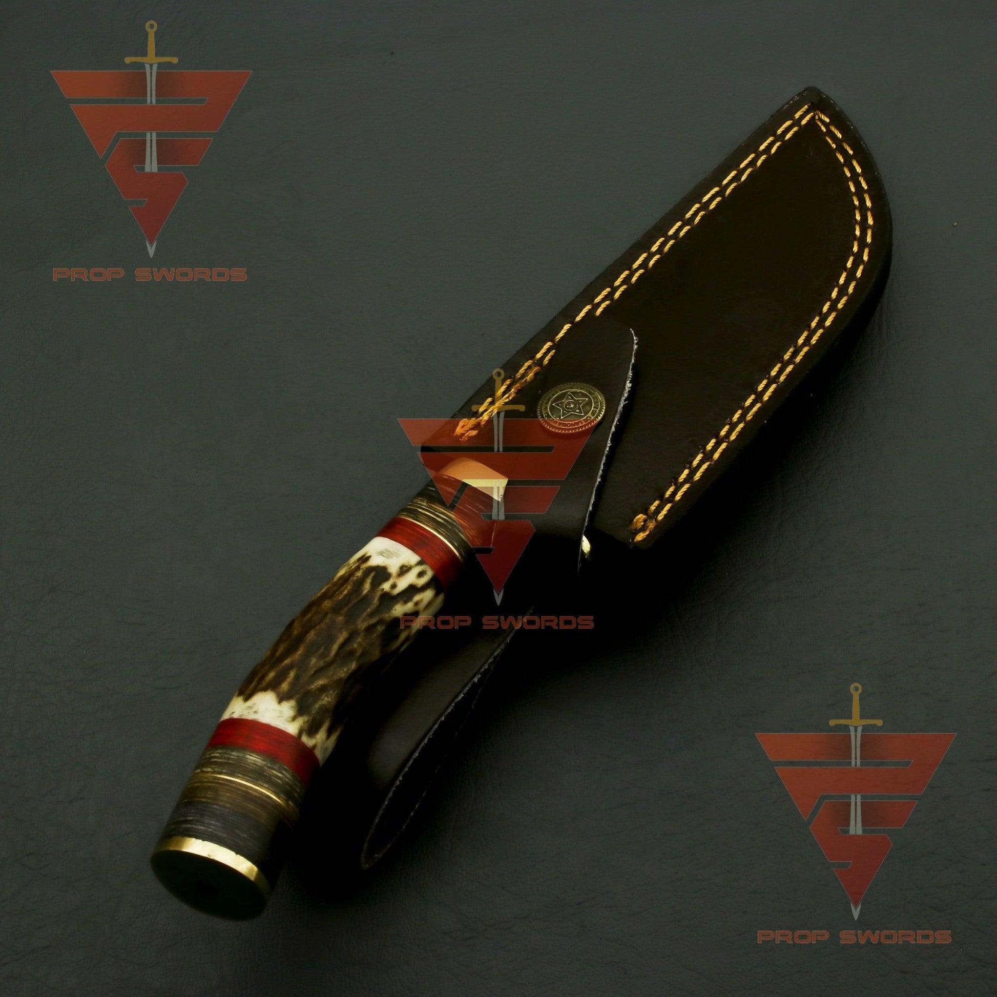 Exquisite Handcrafted Damascus Steel Hunting Knife with Rat-Tail Stag Horn Bolster Handle, and Leather Sheath: A Timeless Gift For Him - propswords