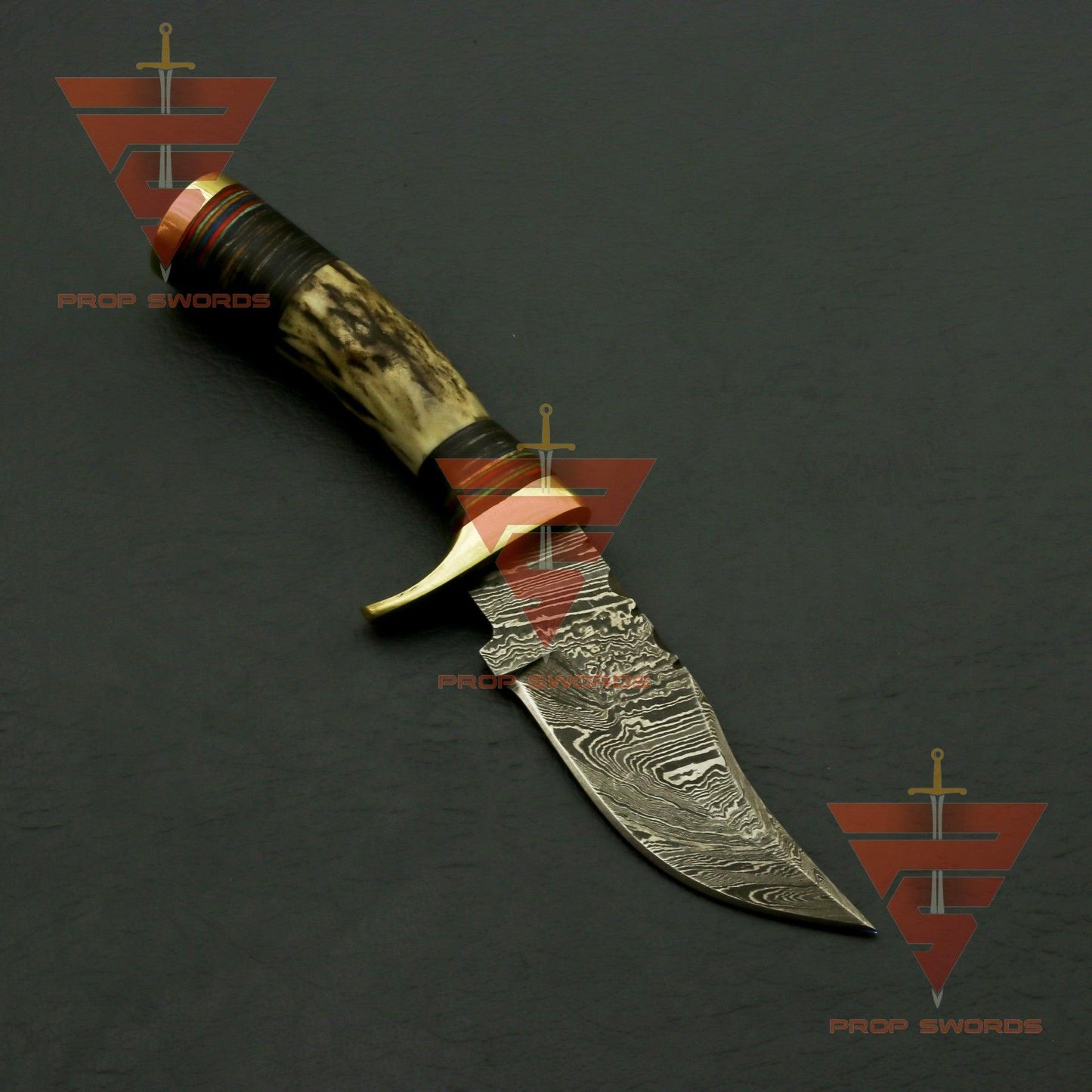Handcrafted Damascus Steel Stag Horn Knife with Custom Engraving, Enchanting Bolster Handle, and Bespoke Leather Sheath - Ideal Father's Day Gift and Ultimate Hunting Companion - propswords
