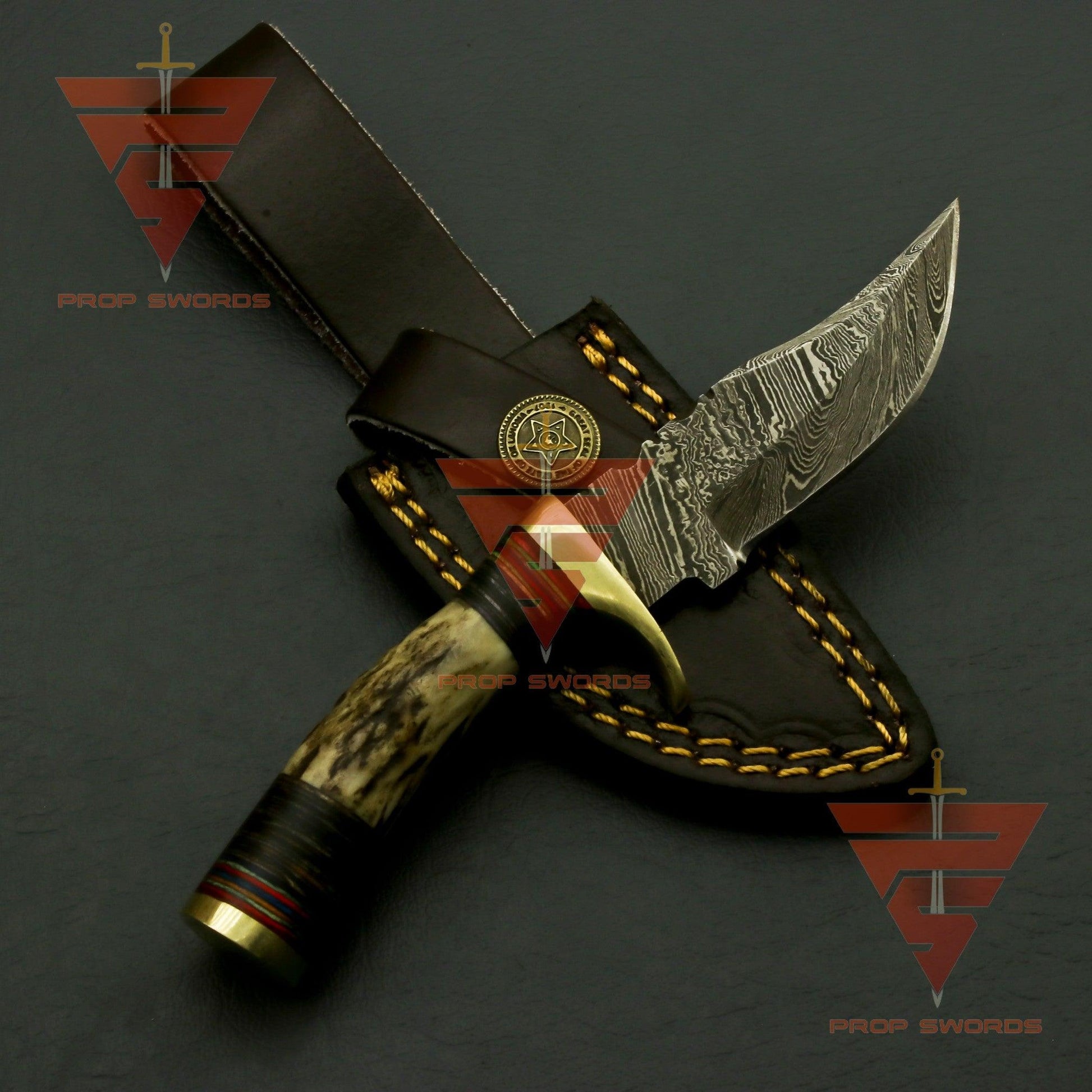 Handcrafted Damascus Steel Stag Horn Knife with Custom Engraving, Enchanting Bolster Handle, and Bespoke Leather Sheath - Ideal Father's Day Gift and Ultimate Hunting Companion - propswords