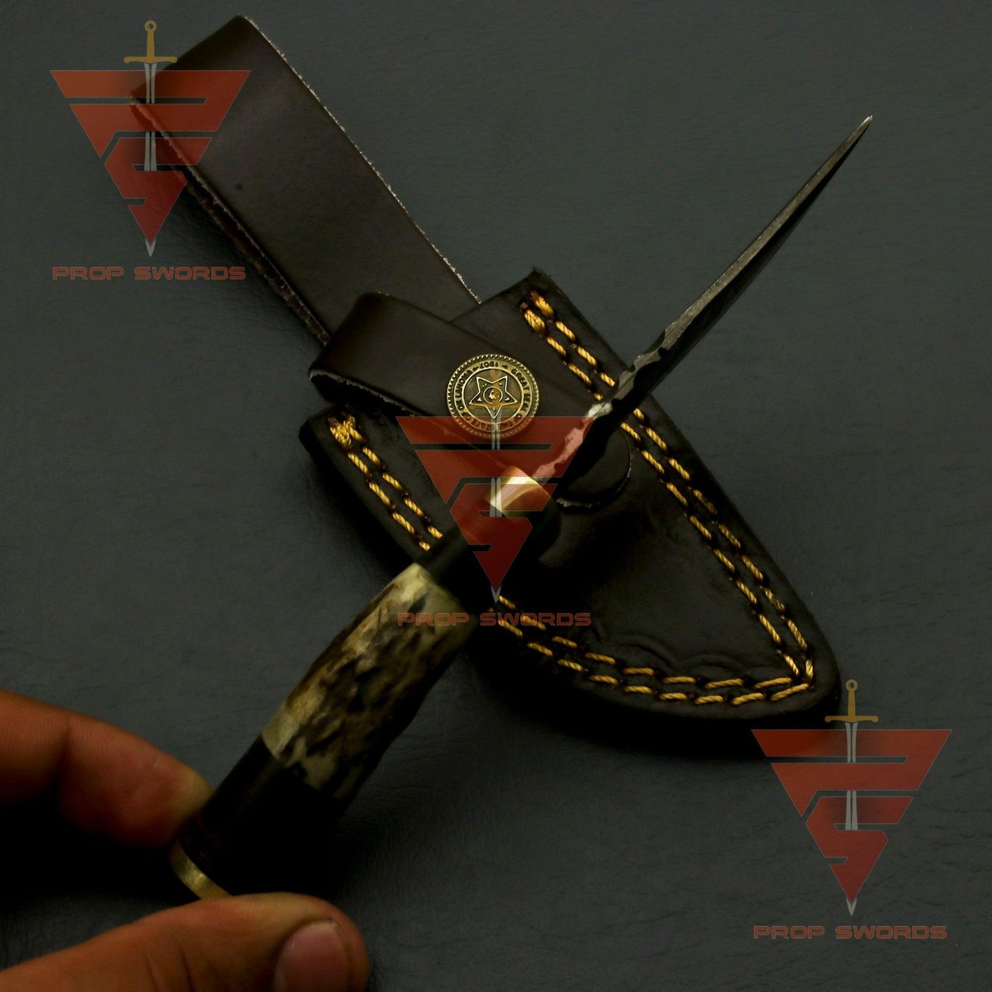 Handcrafted Damascus Steel Stag Horn Knife with Custom Engraving, Enchanting Bolster Handle, and Bespoke Leather Sheath - Ideal Father's Day Gift and Ultimate Hunting Companion - propswords