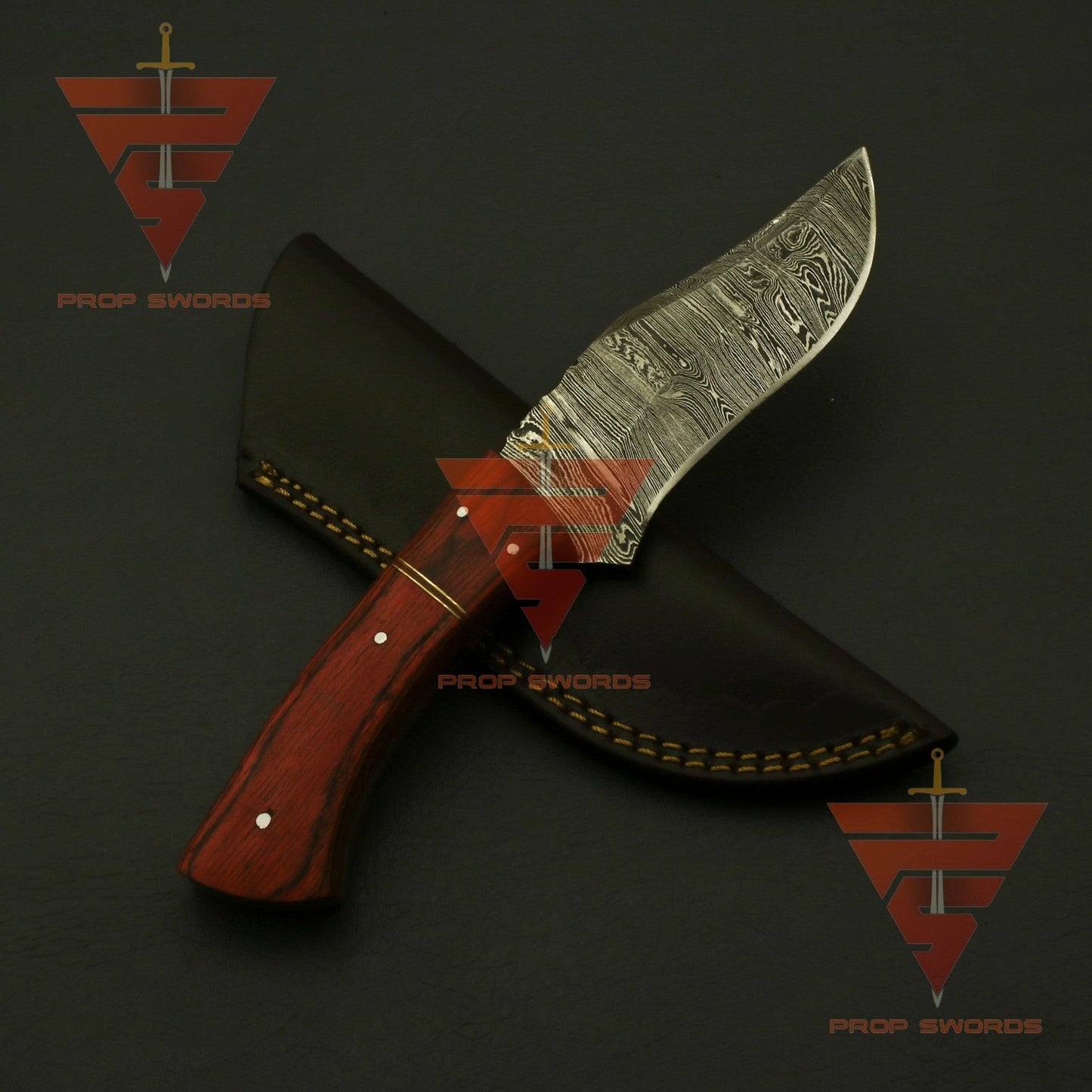 Customized Damascus Steel Hunting Knife: Personalized Handle and Guard Design, Enhanced with Custom Leather Sheath - Perfect for EDC and Camping Adventures - propswords