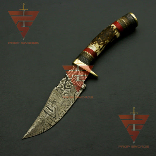 Exquisite Handcrafted Damascus Steel Hunting Knife with Rat-Tail Stag Horn Bolster Handle, and Leather Sheath: A Timeless Gift For Him - propswords