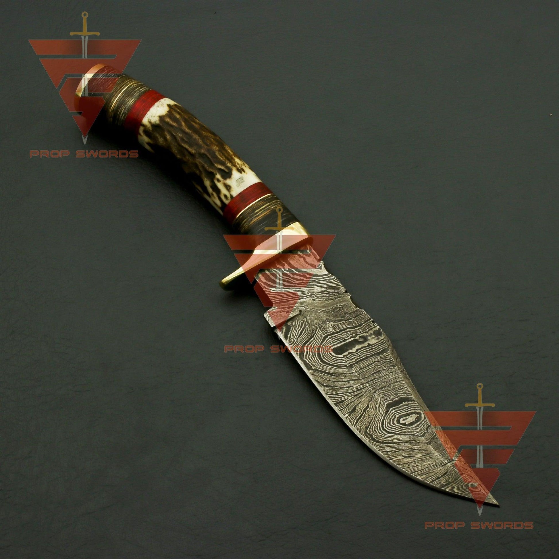 Exquisite Handcrafted Damascus Steel Hunting Knife with Rat-Tail Stag Horn Bolster Handle, and Leather Sheath: A Timeless Gift For Him - propswords