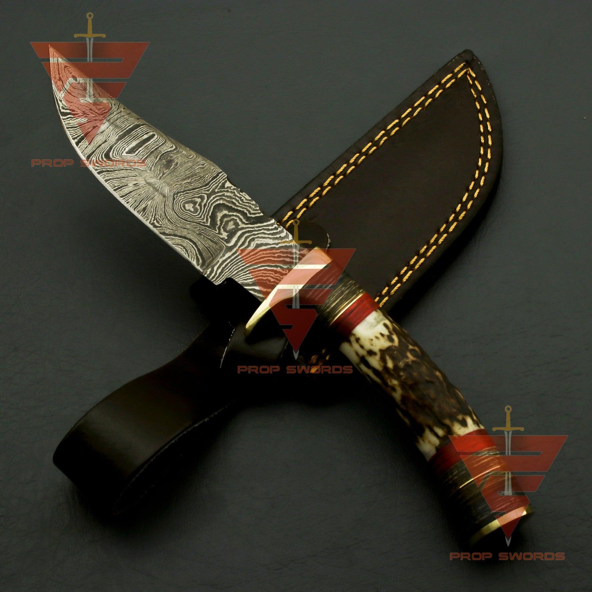 Exquisite Handcrafted Damascus Steel Hunting Knife with Rat-Tail Stag Horn Bolster Handle, and Leather Sheath: A Timeless Gift For Him - propswords
