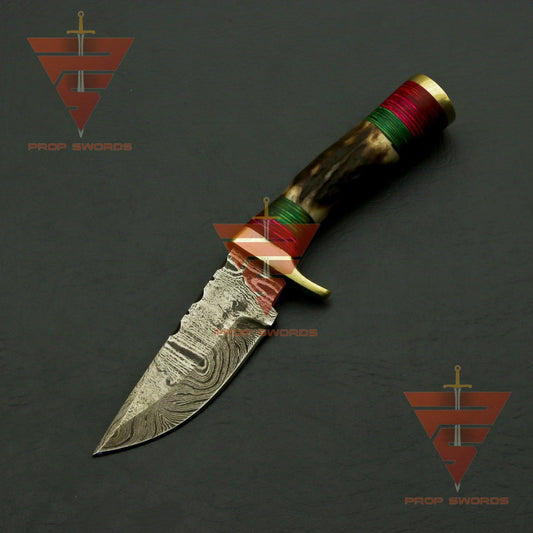 Exquisite Handcrafted Damascus Steel Stag Horn Knife with Custom Enchanting Bolster Handle and Personalized Leather Sheath: Perfect Gift for Dad, Ideal for Hunting - propswords