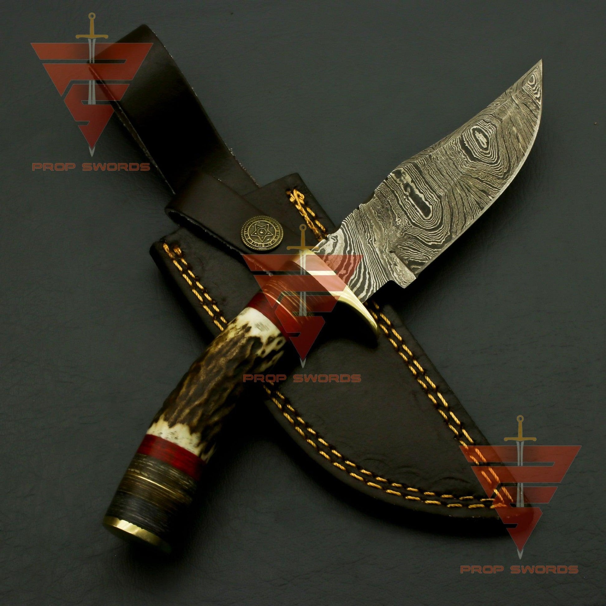 Exquisite Handcrafted Damascus Steel Hunting Knife with Rat-Tail Stag Horn Bolster Handle, and Leather Sheath: A Timeless Gift For Him - propswords