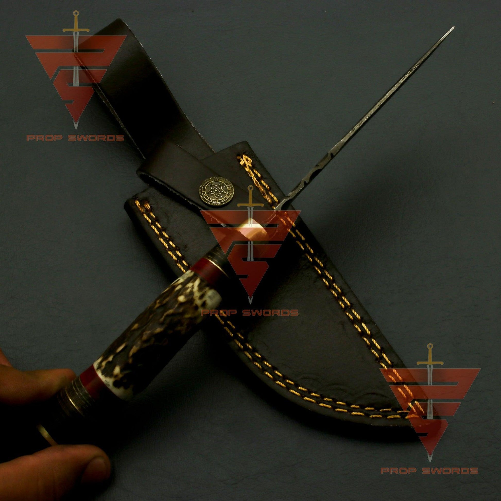 Exquisite Handcrafted Damascus Steel Hunting Knife with Rat-Tail Stag Horn Bolster Handle, and Leather Sheath: A Timeless Gift For Him - propswords