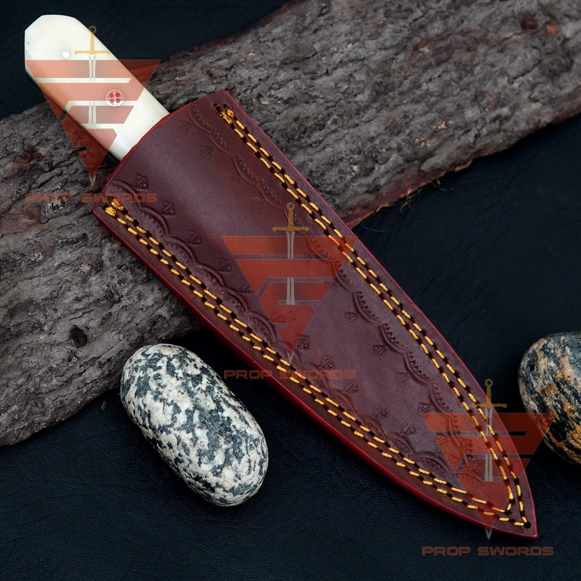 Personalized Hand-Forged Damascus Steel Hunting Skinner Knife with Camel Bone Handle and Leather Sheath - Collector's Edition - propswords