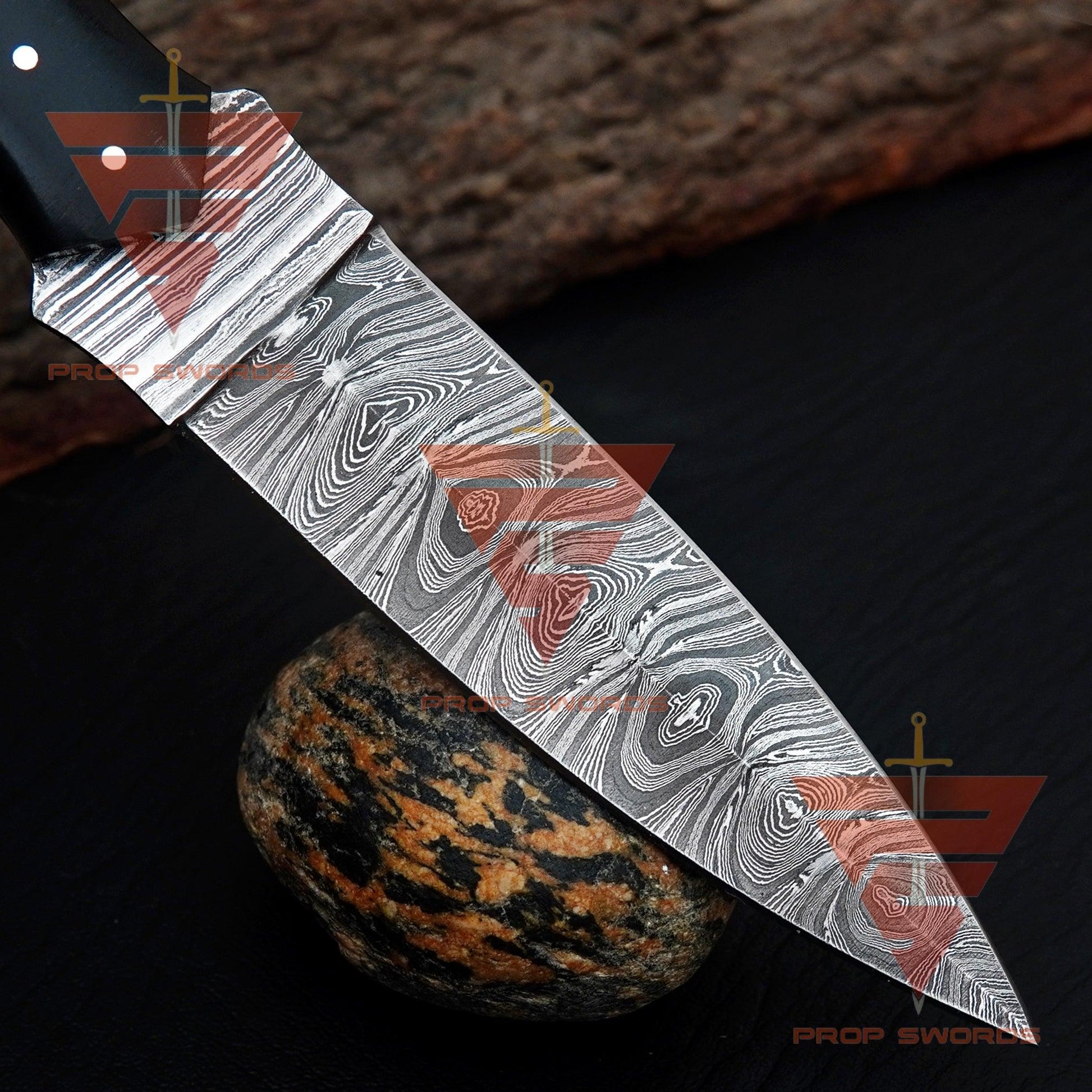 Personalized Hand-Forged Damascus Steel Hunting Skinner Knife with Camel Bone Handle and Leather Sheath - Collector's Edition - propswords