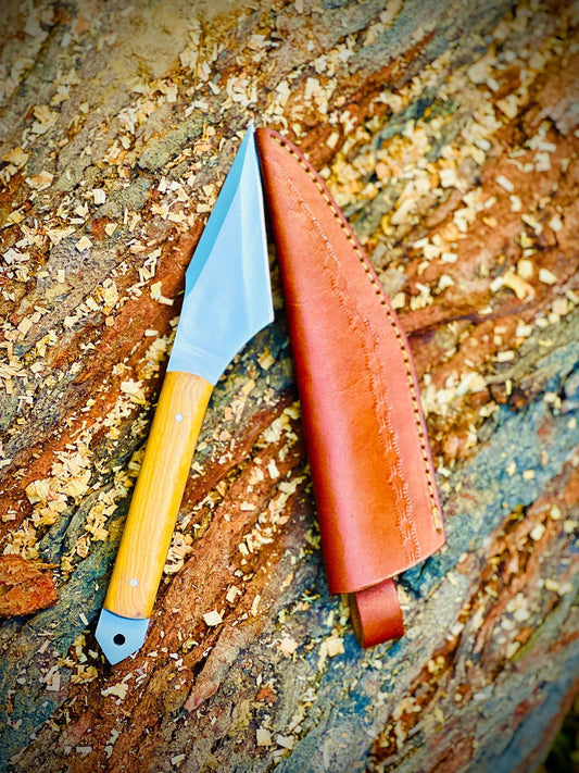 Handmade Stainless Steel Full Tang Olive Wood Kiridashi Knife With Leather Sheath