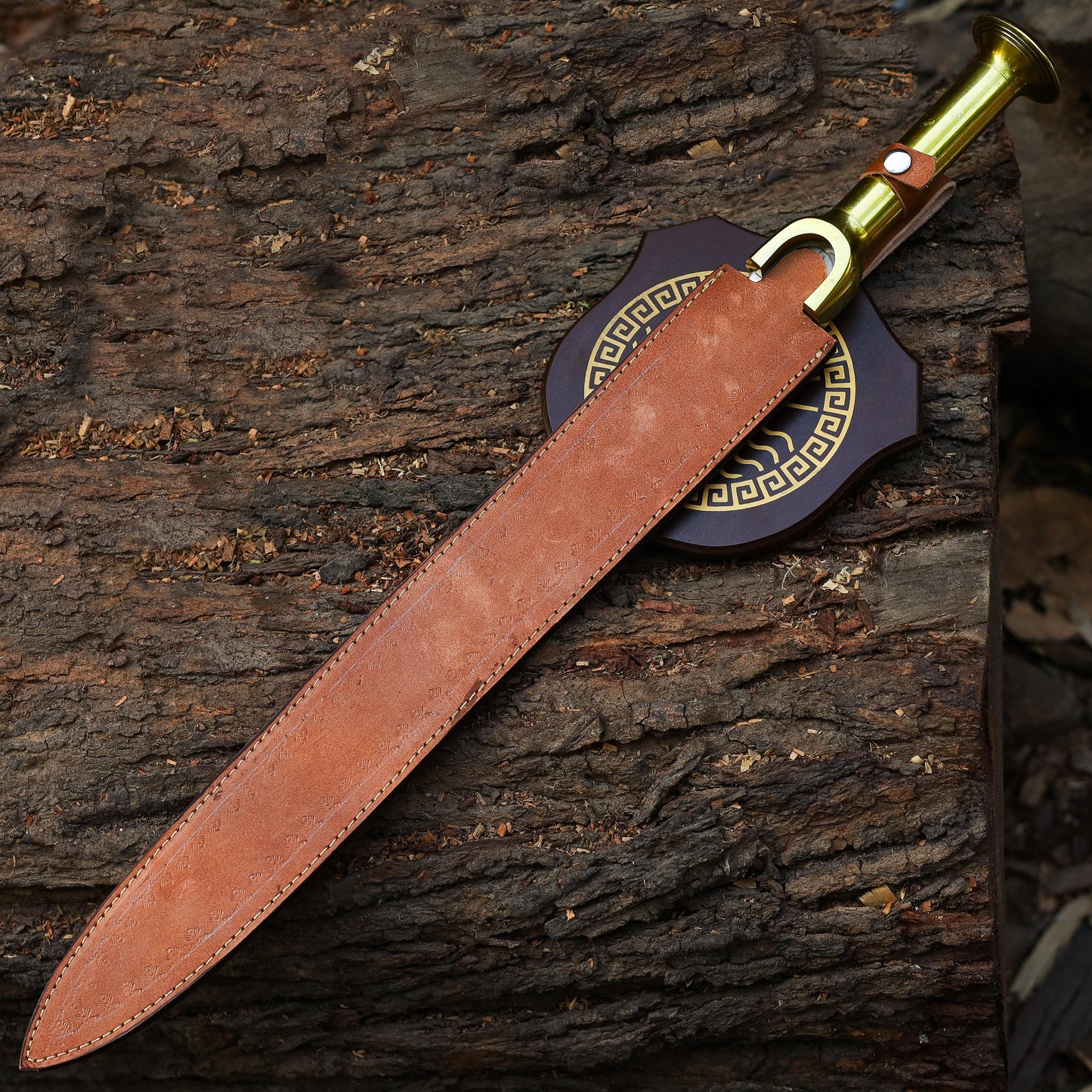 Handmade Stainless Steel Double Edge Riptide Backbiter Sword with Leather Sheath & Wall Plaque greek sword riptide - propswords