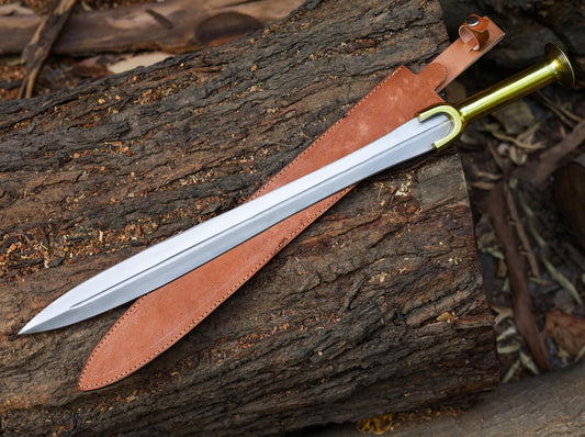 Handmade Stainless Steel Double Edge Riptide Backbiter Sword with Leather Sheath & Wall Plaque greek sword riptide - propswords