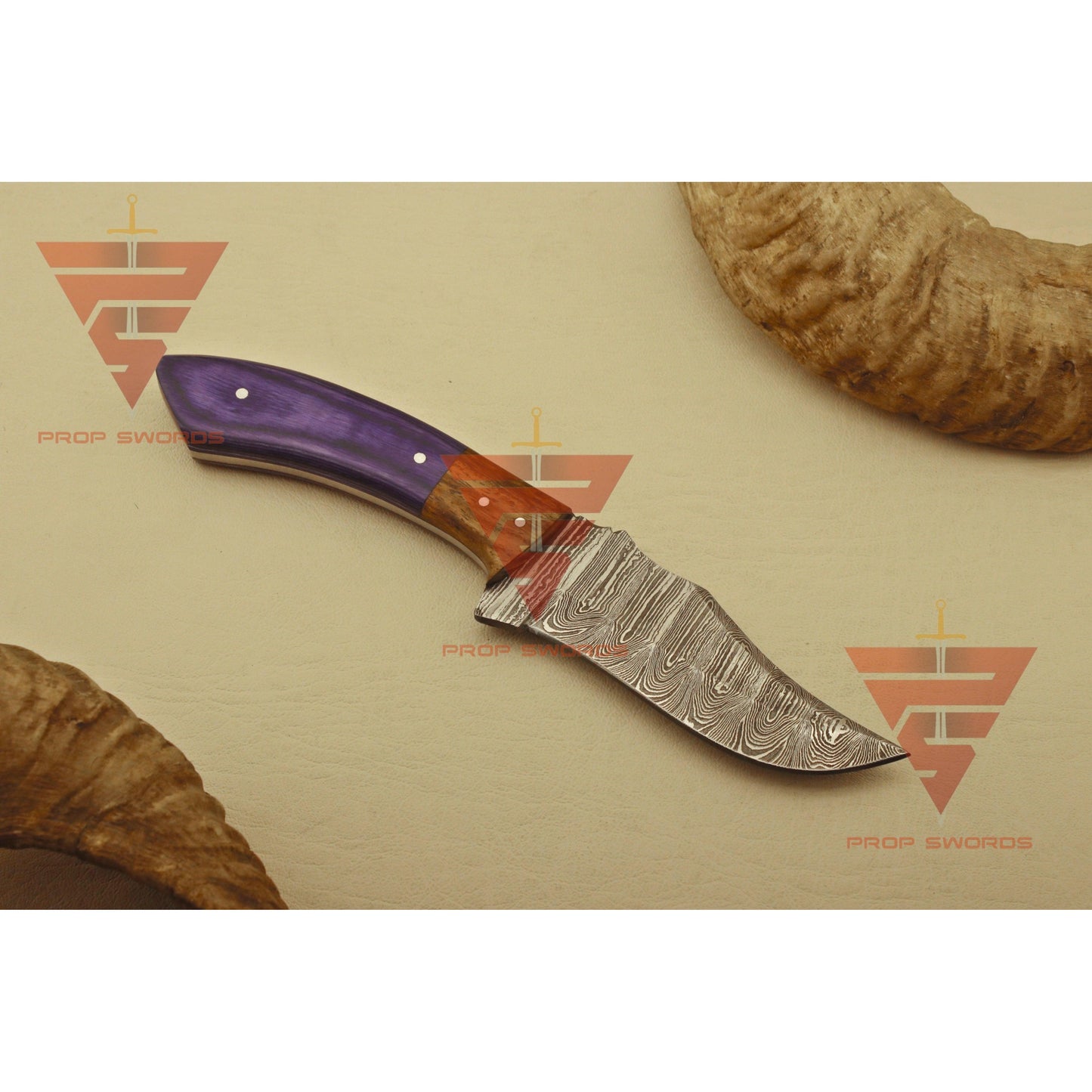 Artisan Damascus Steel Hunting Knife - Exquisite Wood Handgrip - Perfect Present for Him - Complete with Genuine Leather Sheath - propswords
