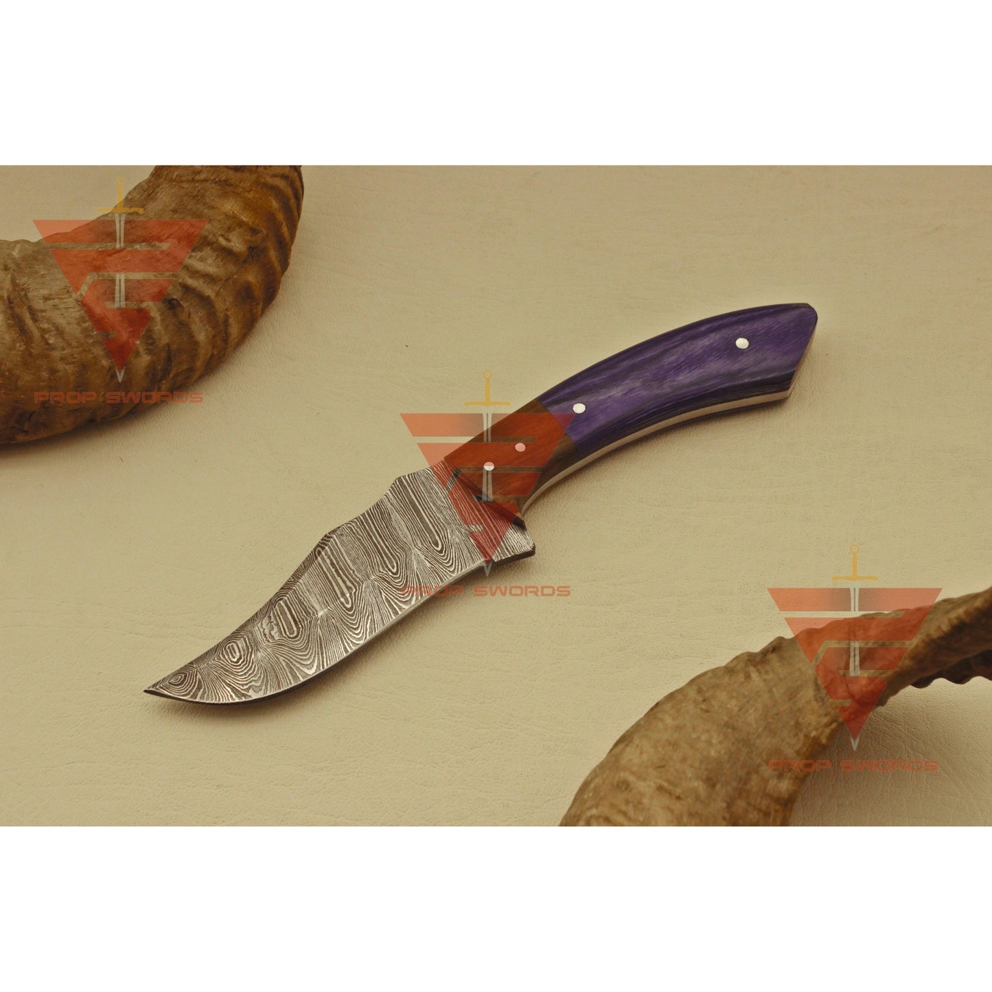 Artisan Damascus Steel Hunting Knife - Exquisite Wood Handgrip - Perfect Present for Him - Complete with Genuine Leather Sheath - propswords
