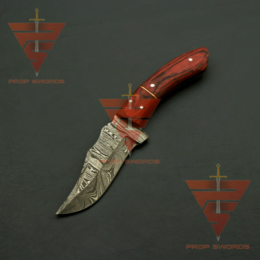 Exquisite Damascus Steel Hunting Knife with Rosewood Handle and Leather Sheath: A Timeless Masterpiece - propswords