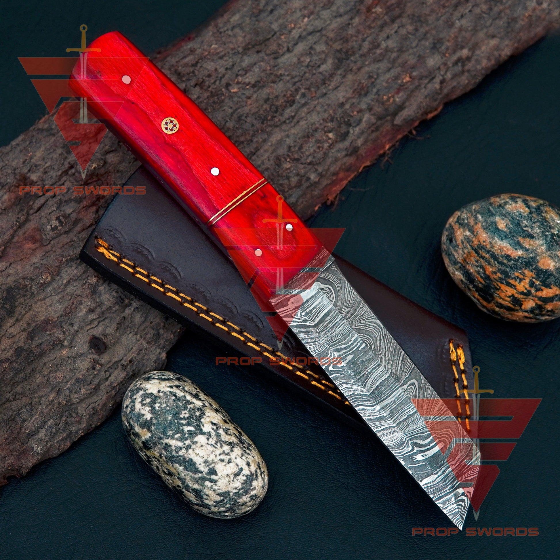 Ultimate Gift: 9-Inch Hand-Forged Damascus Steel Tanto Point Hunting Knife, Featuring a Stunning Handle and Leather Sheath - propswords