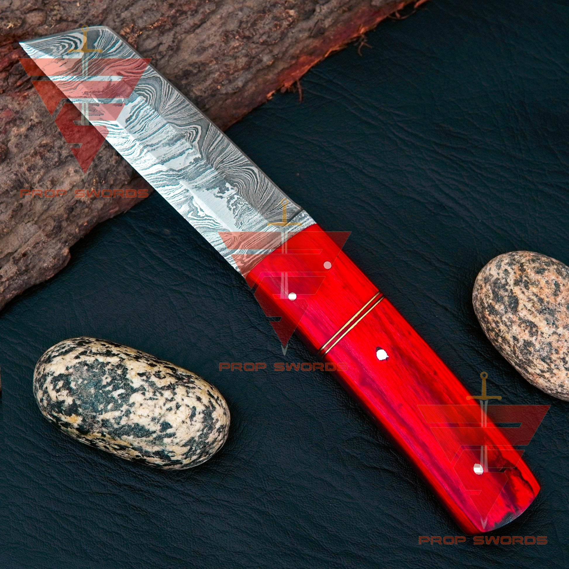Ultimate Gift: 9-Inch Hand-Forged Damascus Steel Tanto Point Hunting Knife, Featuring a Stunning Handle and Leather Sheath - propswords